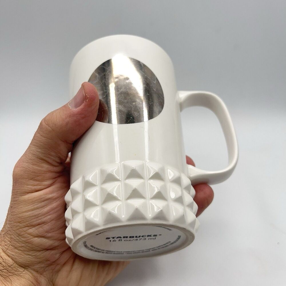 STARBUCKS COFFEE 2014 Tall White Mug Cup Mirror Label Hobnail Base 16 Oz - Picture 6 of 11